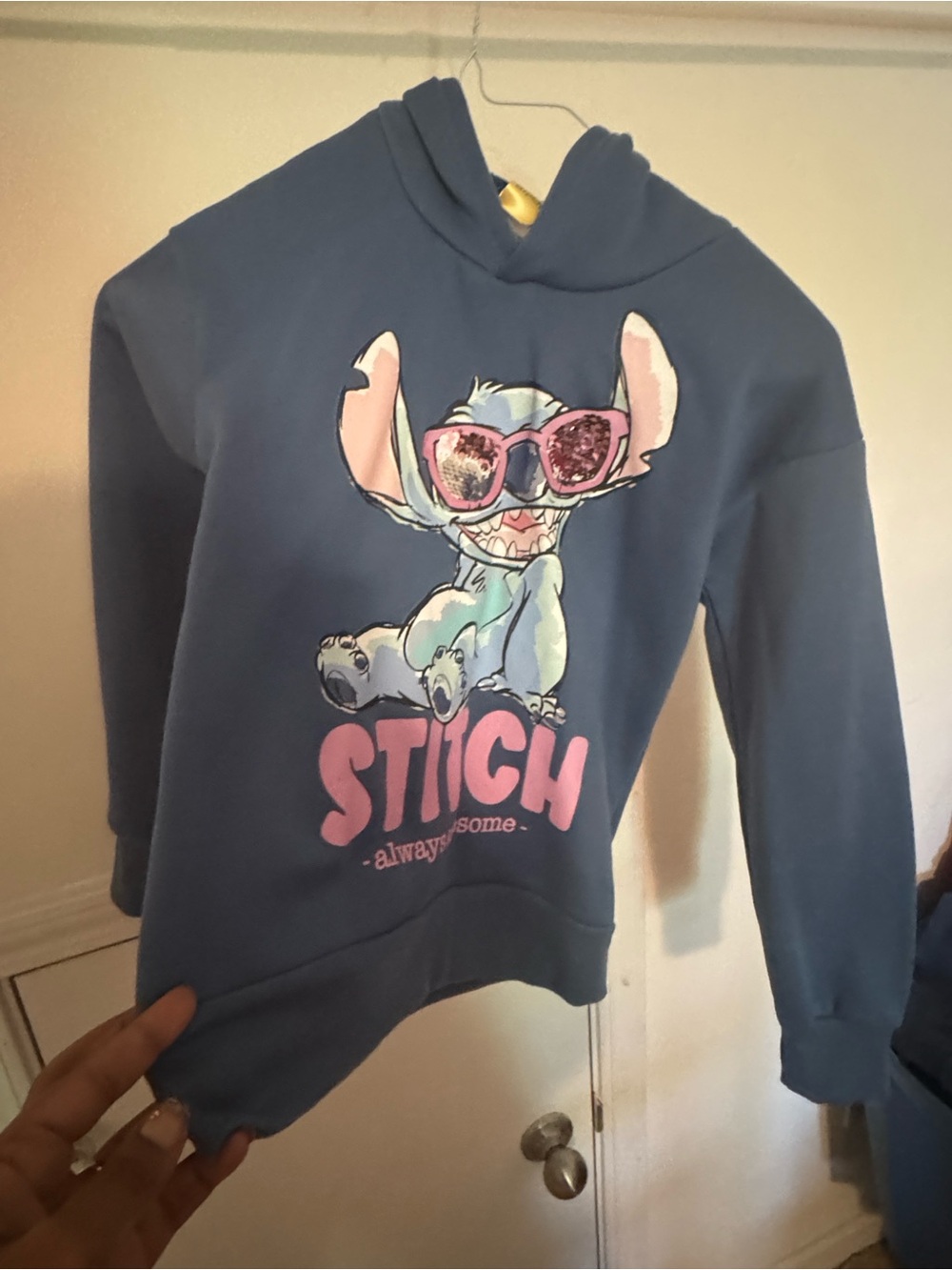 Disney Blue Hoodie with Pink Sequin Sunglasses Stitch Graphic